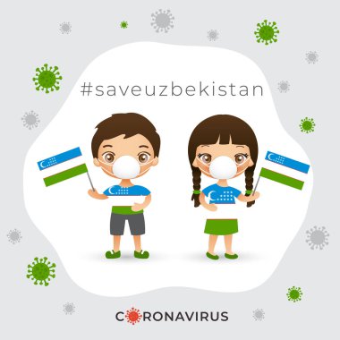 Cerrahi maske takan bir grup erkek ve kız ulusal bayrak taşıyan koronavirüsü engelliyor: Vektör İllüzyonu