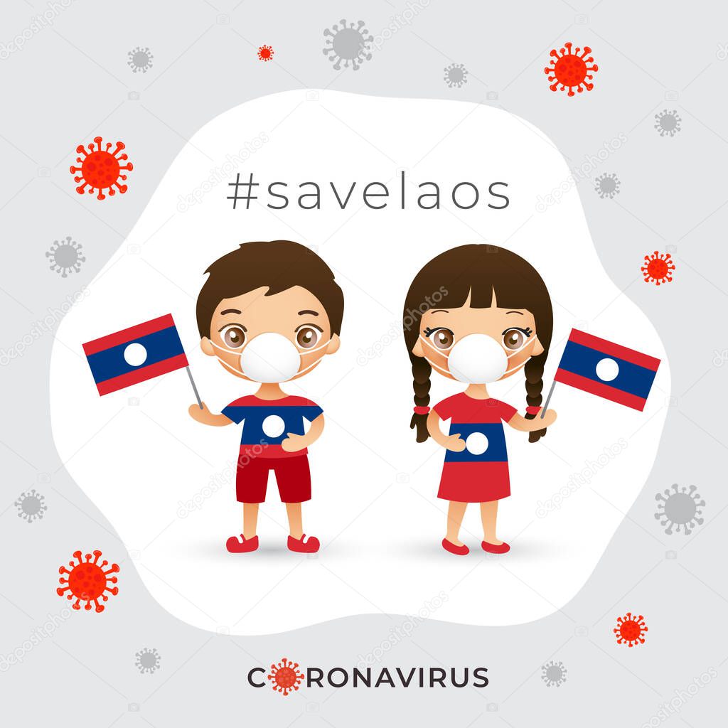 Set of boy and girl wearing surgical mask preventing coronavirus with national flag : Vector Illustration