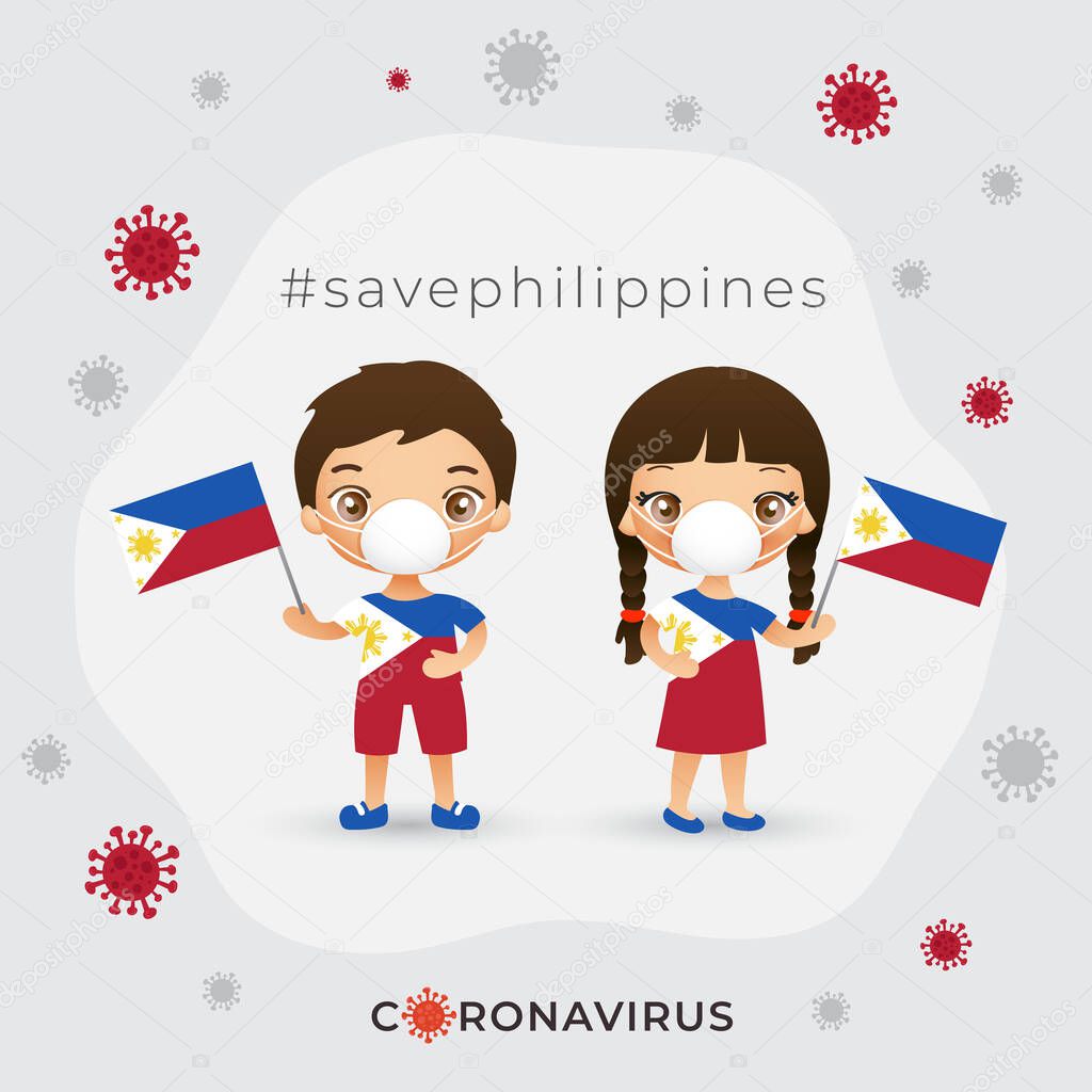 Set of boy and girl wearing surgical mask preventing coronavirus with national flag : Vector Illustration