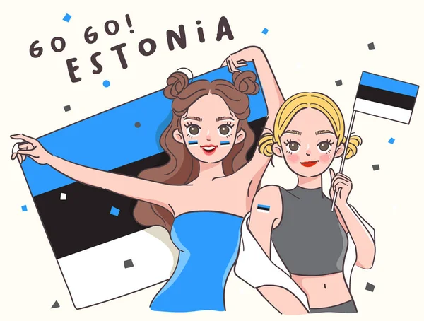 Due Belle Ragazze Con Bandiera Nazionale Vector Illustration — Vettoriale Stock