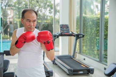 Yaşlı adam giyen kırmızı boks fitness veya spor salonu, bak kamera mücadele için hazır için egzersiz eldiven metin için yer kopyalayın