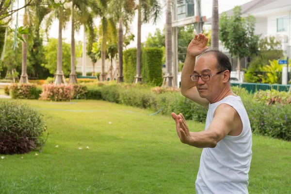 Asya komuta sizde beyaz gömlek stand giymek ve tai chi parkta çim uygulama — Stok fotoğraf