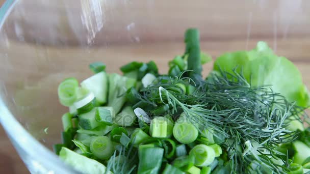 Adding salt to vegetable salad, close up video clip — Stock Video