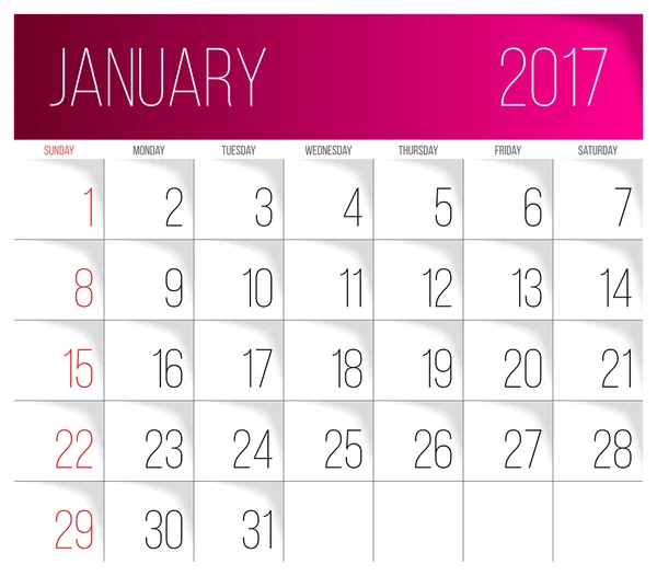Gennaio 2017 calendario modello — Vettoriale Stock