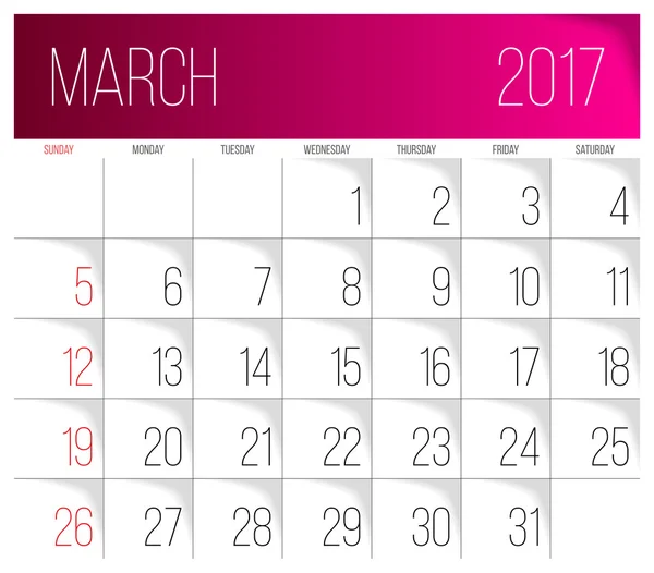 Marzo 2017 plantilla de calendario — Archivo Imágenes Vectoriales