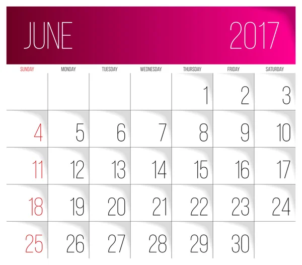 Junio 2017 plantilla de calendario — Archivo Imágenes Vectoriales