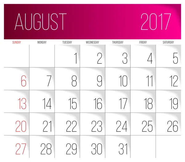 Agosto 2017 modello di calendario — Vettoriale Stock