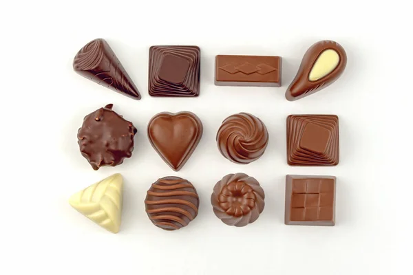 Doces Chocolate Sortidas Fundo Branco — Fotografia de Stock