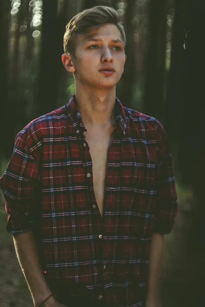 handsome caucasian young man in check shirt posing at camera against blurred forest on background