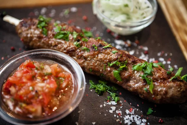 Lula kebab with tomato salsa — Stock Photo, Image