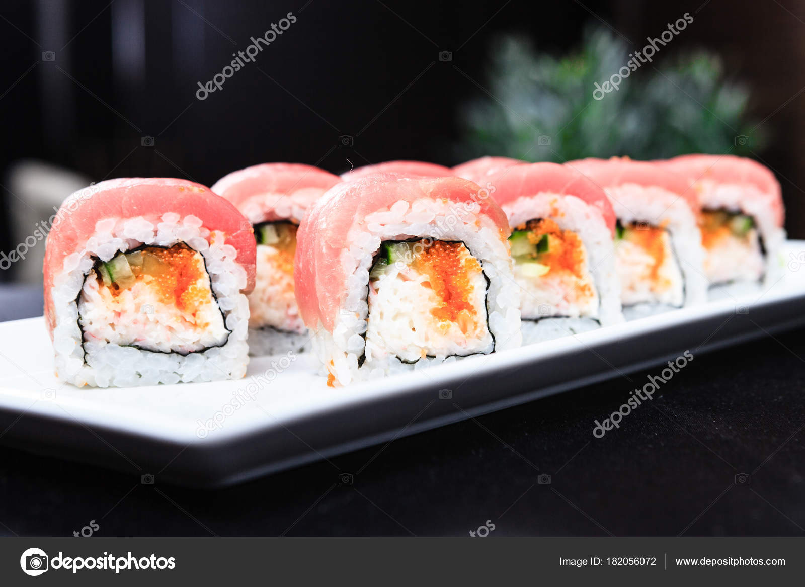 Tuna Soft Crab Flying Fish Roe Spicy Cream Cheese Rolls Stock Photo by