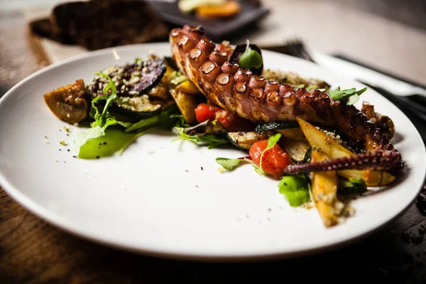 Bläckfisksallad serverad på tallrik i restaurang — Stockfoto