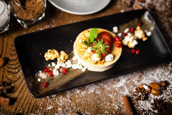 Toffee Panna Cotta served with a cup of coffee — ストック写真