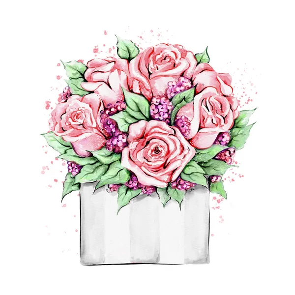 Růže akvarel giftbox — Stock fotografie