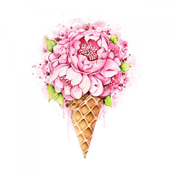 Watercolor peonies in waffle cone — Stock Photo, Image