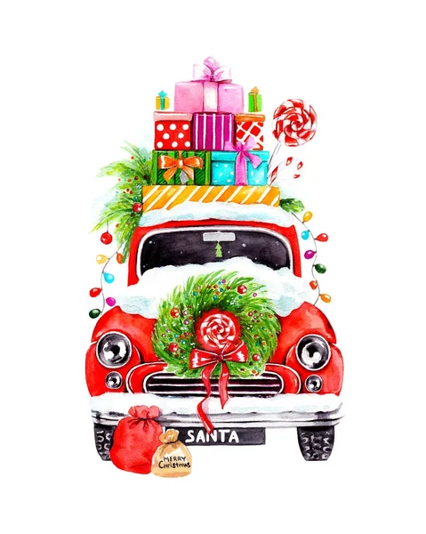圣诞老人的汽车与礼物的水彩插图 — 图库照片
