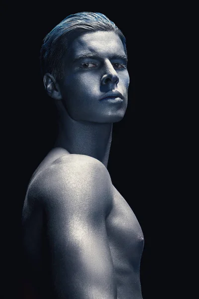 Sötét Háttérrel Izolált Férfi Portréja Art Szépség Divat Kék Szürke — Stock Fotó