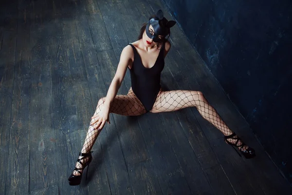 Siyah bir kayma, deri kedi maskesi, siyah külotlu çorap, bacaklarınızı açın ile katta oturan siyah yüksek tepeler güzel ince kız. BDSM kavramı