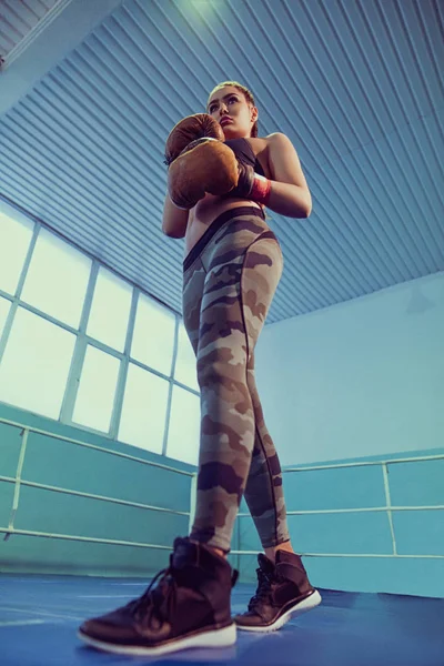 Retrato Boxeador Feminino Desgaste Esportivo Com Postura Luta Contra Holofotes — Fotografia de Stock