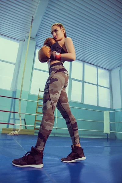 Retrato Boxeador Feminino Desgaste Esportivo Com Postura Luta Contra Holofotes — Fotografia de Stock