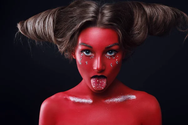 Close Retrato Menina Alta Moda Estilo Beleza Com Pele Vermelha — Fotografia de Stock