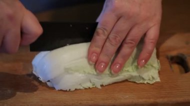 Kadın arka planda lahana keser, kapatır.