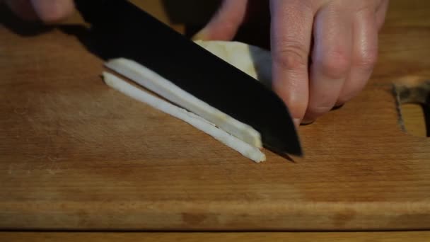 Woman Cuts Radish Background Close — Stock Video