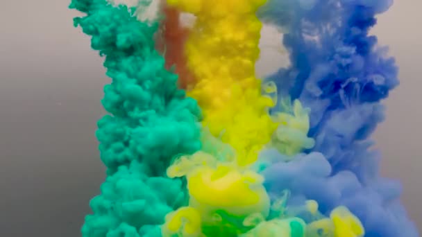 水墨在白色背景上隔绝 彩虹的颜色 丙烯酸涂料的颜色和油墨流淌在水的白色背景 — 图库视频影像