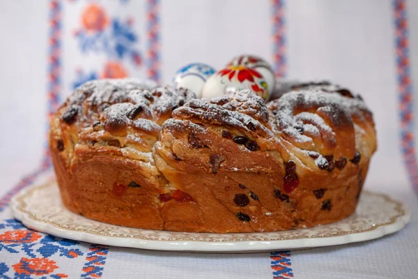 Tasty easter cake. Easter cake with chicken eggs. Kulich cake. Traditional babka. Cake for celebration. Easter bakery concept