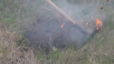 Vahşi yangınlar söndürülüyor. Kuru çimenler yanıyor. İklim değişikliği ve ekoloji. Dumanı tüten yangının yakın görüntüsü. Büyük duman bulutları ve ateş yayıldı. Orman ve tropikal orman tahribatı.