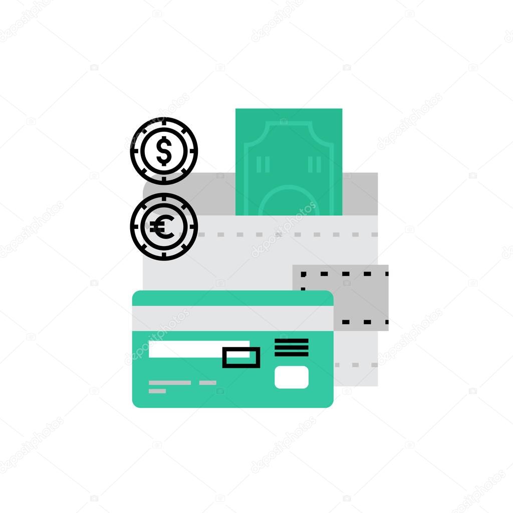 Modern vector icon of wallet with banknotes and currency logo coins, credit card. Premium quality vector illustration concept. Flat line icon symbol. Flat design image isolated on white background.
