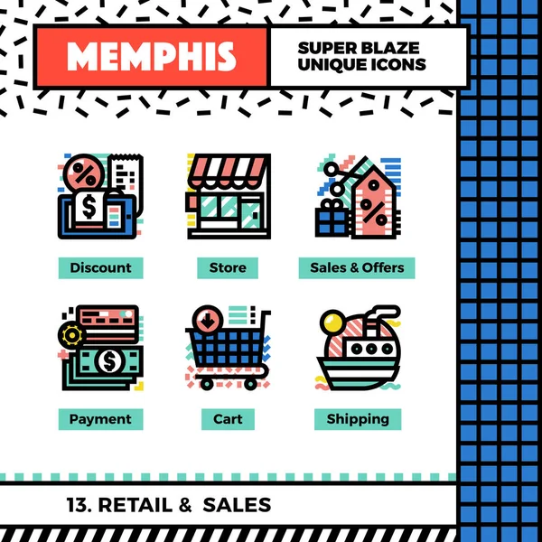 Retail and shopping neo memphis icons set — Stock Vector