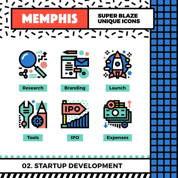Start-up-Entwicklung Neo-Memphis-Symbole gesetzt — Stockvektor