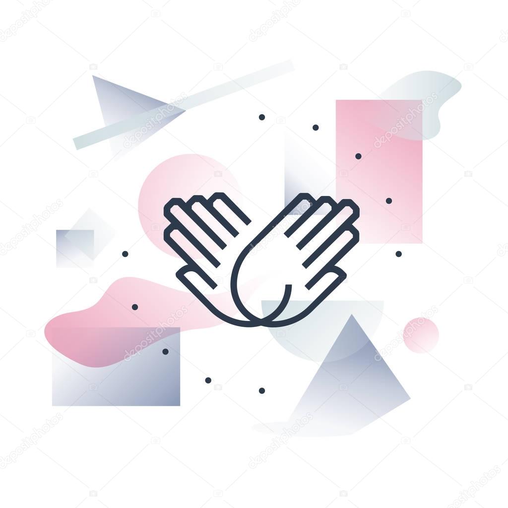 Abstract illustration concept of sharing economy, cooperation union and teamwork. Premium quality unique graphic design with modern line icon symbol and colored geometric shapes on background.