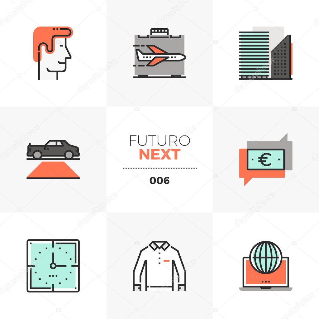 Semi-flat icons set of doing business, client and corporate event. Unique color flat graphics elements with stroke lines. Premium quality vector pictogram concept for web, logo, branding, infographics.