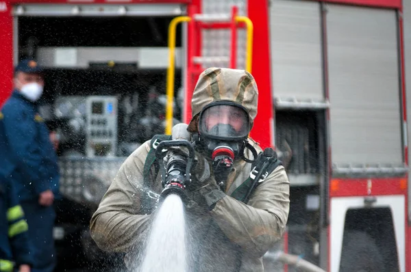 Rescue Team Disinfecting Street Special Decontaminating Liquid Solution While Covid — Stock Photo, Image