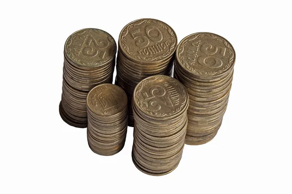 Sloupce mincí z Ukrajiny z různých denominací na za mák — Stock fotografie