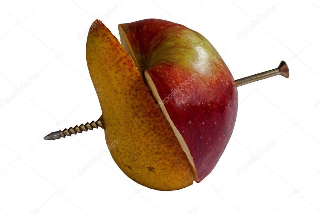 Half of an apple and a pear are connected by a screw.