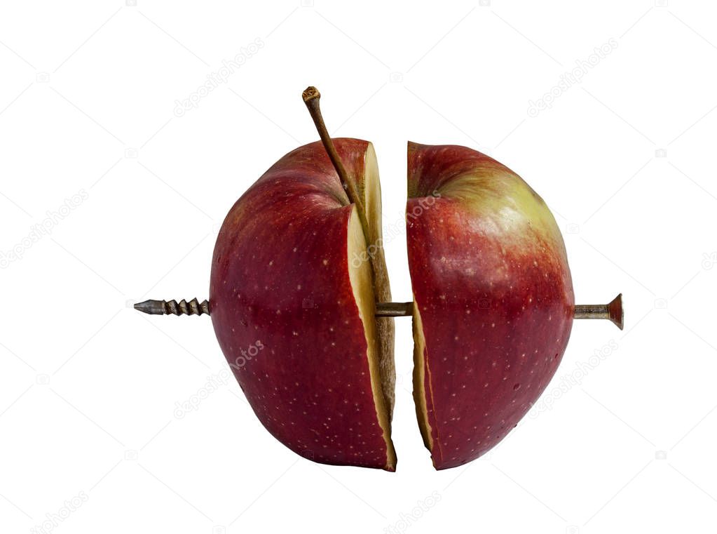 Two halves of one ripe red apple on a white background. 