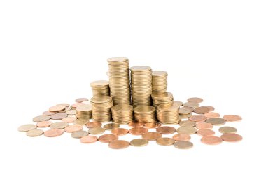 Beyaz arkaplanda para yığınları