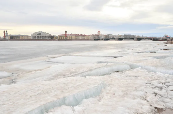 Vue de la rivière Neva gelée et de l'île Spit Vasilyevsky . — Photo