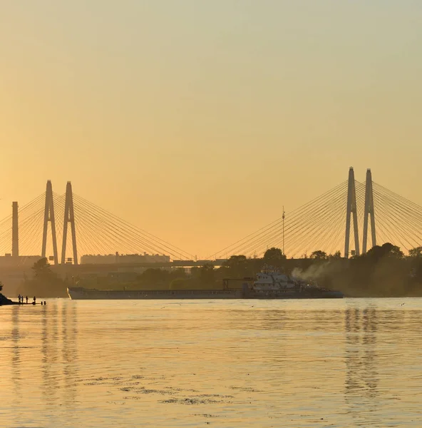 Pont suspendu par câble et rivière Neva. — Photo