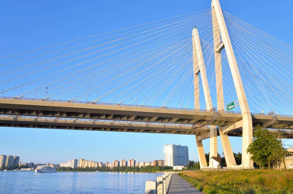 Pont suspendu par câble et rivière Neva. — Photo