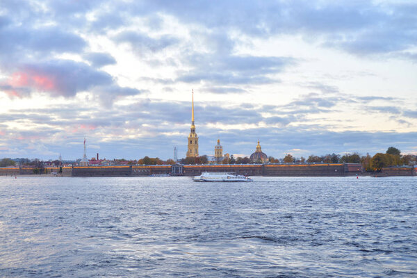 Peter and Paul fortress and Neva River at evening in St.Petersburg, Russia.
