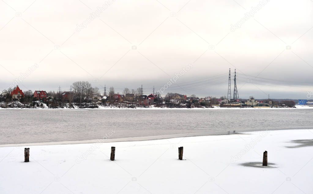 View of Neva River at winter cloud day.