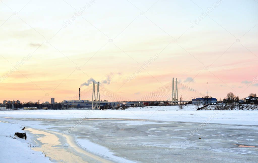 Cable stayed bridge and Neva river.