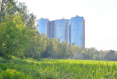 Yaz peyzaj ve konut gökdelen.