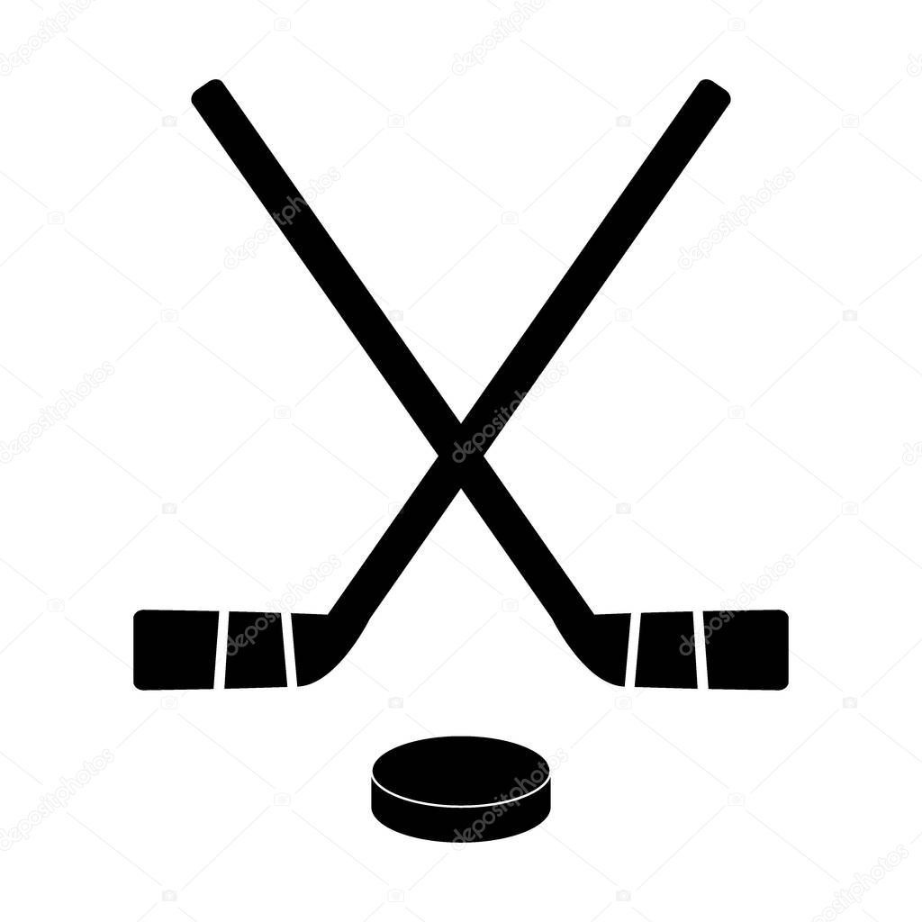 Two crossed hockey sticks and puck.