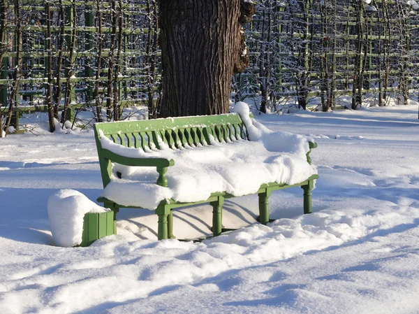 Snow-covered bench in park. — Stock Photo, Image