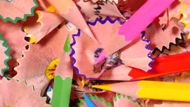 Pencils lying in pile of pencil chips — Stock Video
